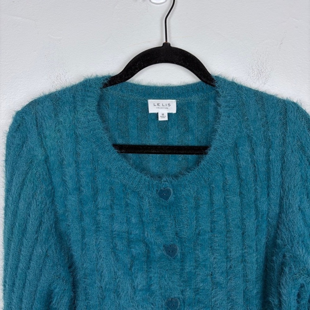 Le Lis Button Down Eyelash Cardigan Teal Green Heart Buttons Coquette Medium - Picture 2 of 7